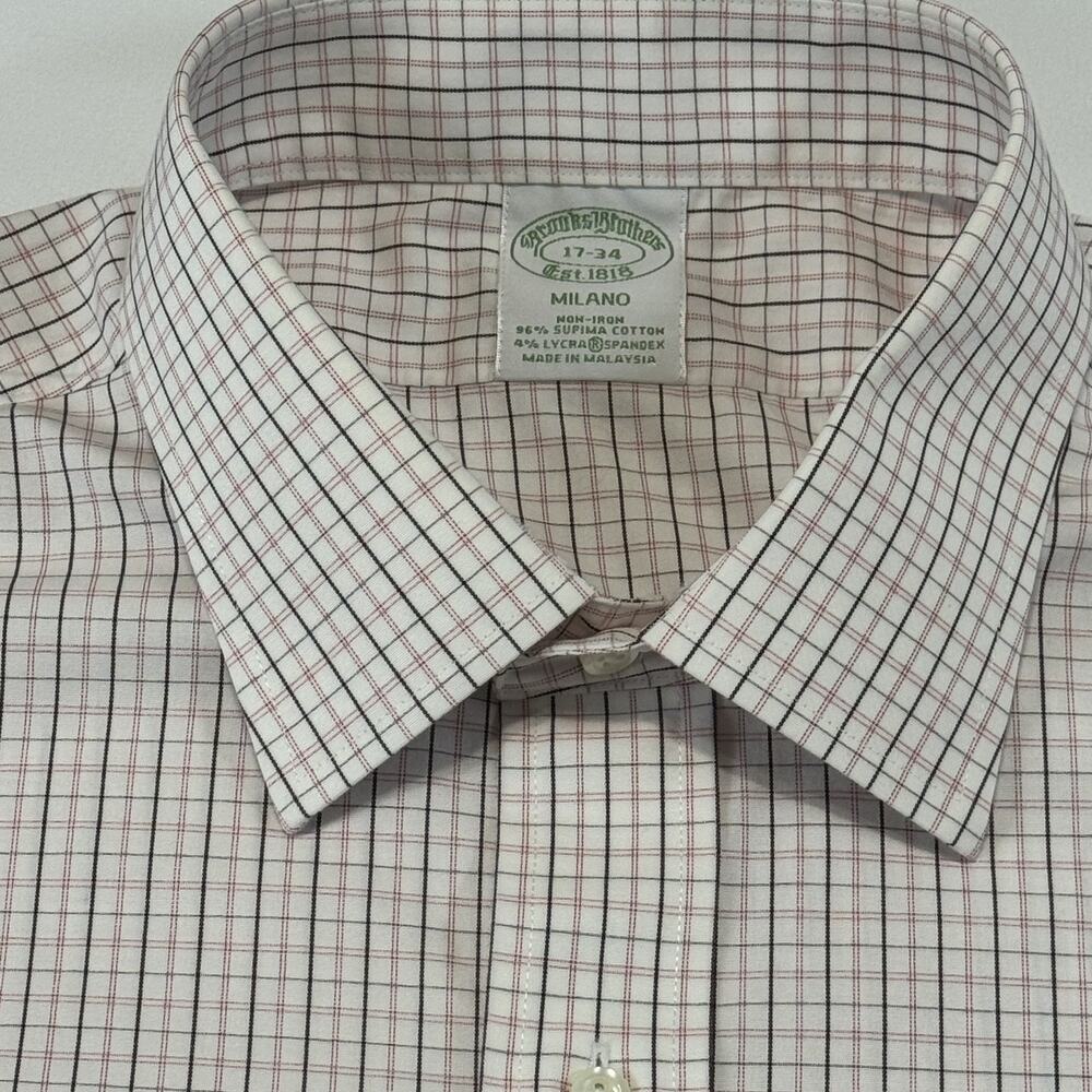 Brooks Brothers Milano Shirt Men 17 34 Red Black Check Non Iron Supima Pocket